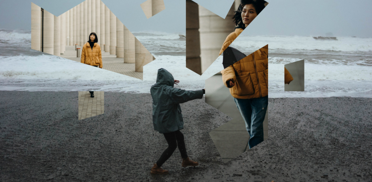 People on a beach with different fragments of photos surrounding them